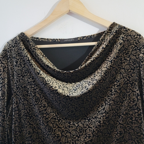 JONDEN Black Tan Paisley Velvet Blouse Sz L Drape Long Sleeve Fall Minimalist - Picture 3 of 11